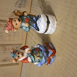 Boyds Bears Bearware Hinged Trinket Boxes Winter Christmas w/ Trinkets Set of 2